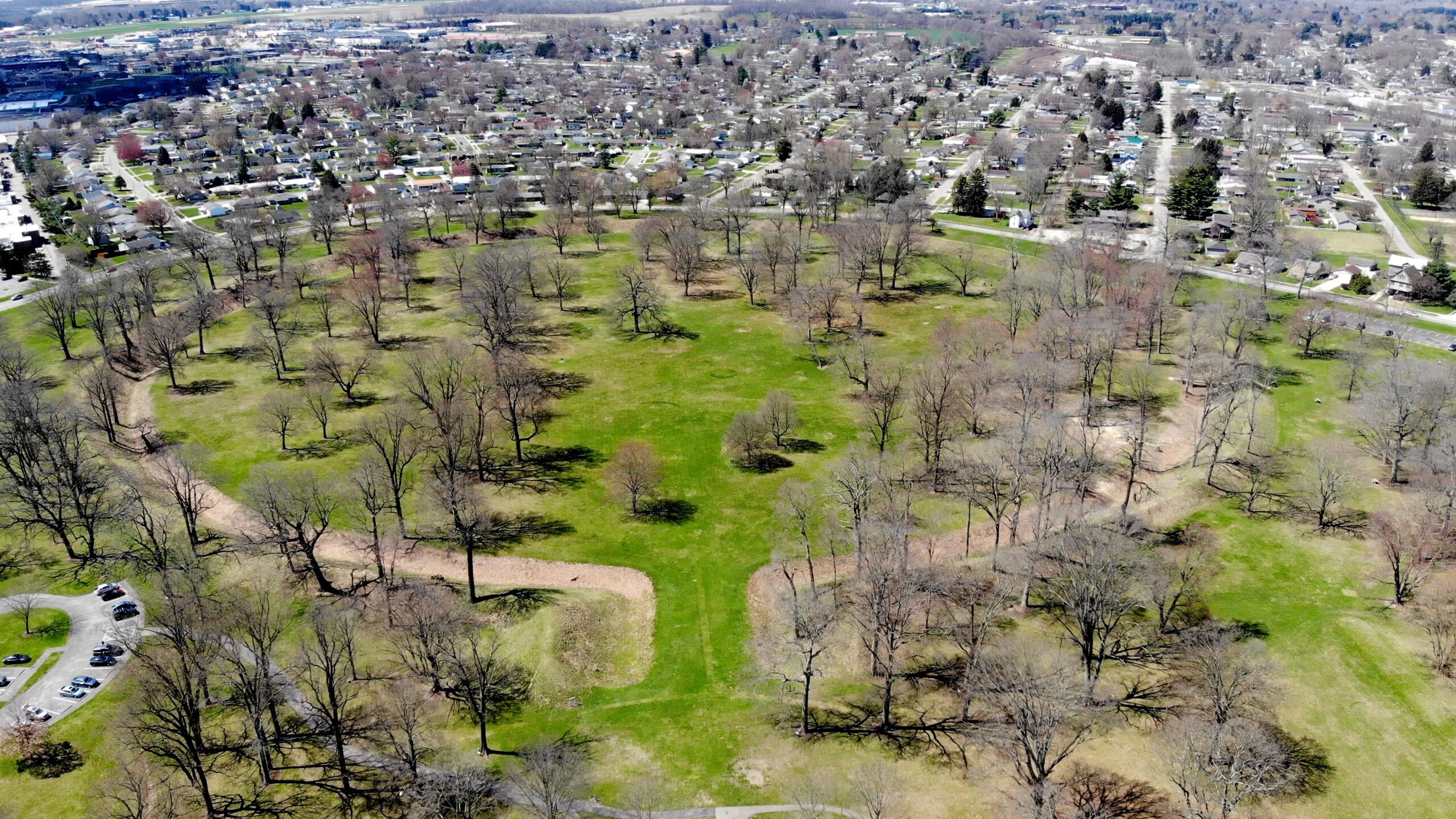 Image of the Great Circle Earthworks from an aerial view.