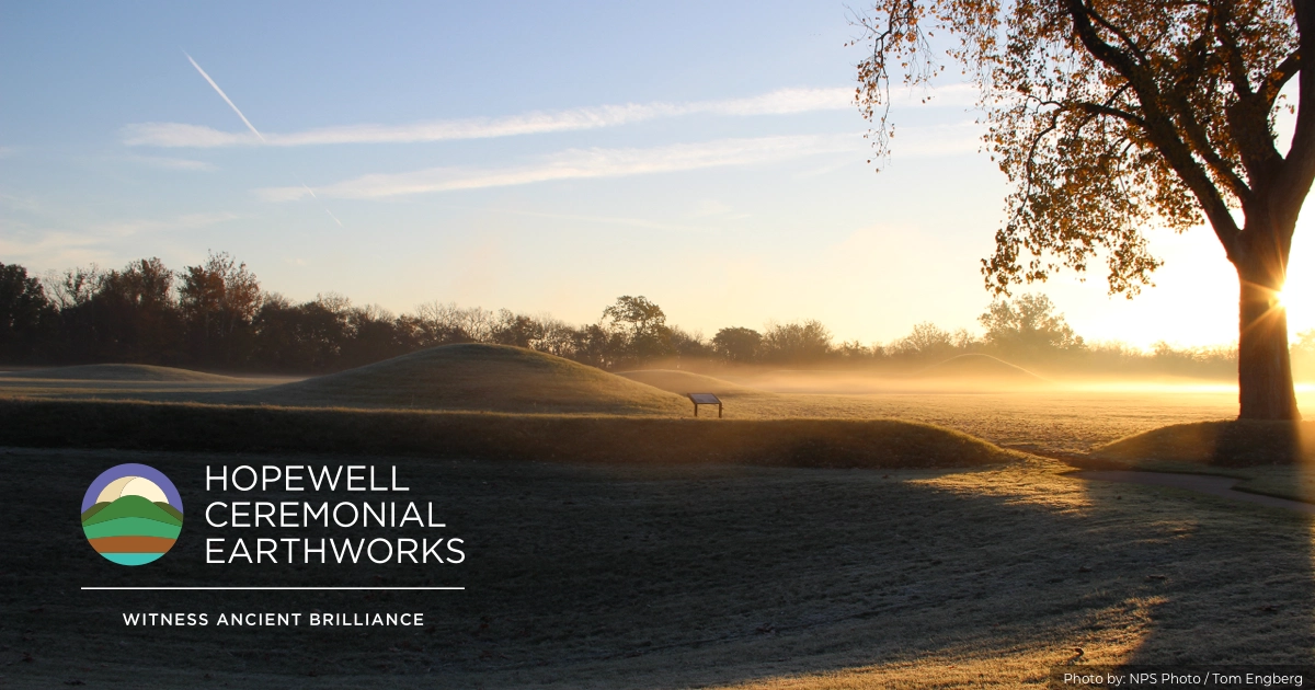Hopewell Ceremonial Earthworks Witness Ancient Brilliance. View of Mound City earthworks as the sun rises, link to official website. Image courtesy of National Park Service, Tom Engberg.