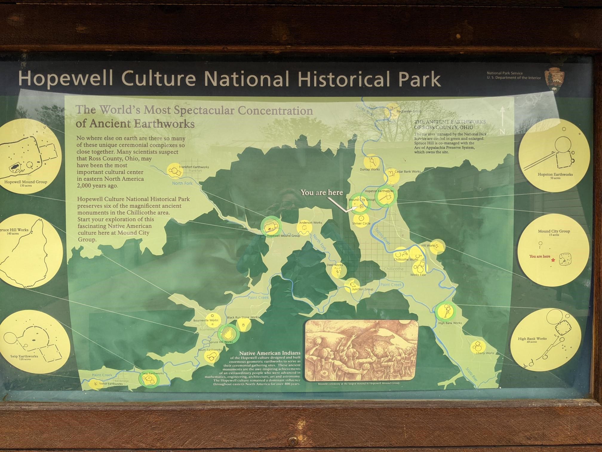 Map of the Hopewell Culture National Historical Park at the Mound City Visitor Center shows visitor where they are in relation to the 5 other world heritage sites that exist in the park.