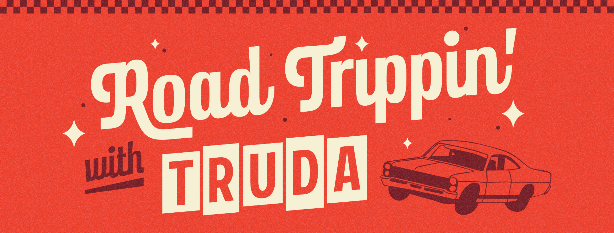 Red Road Trippin' With Truda title cover with car in the foreground.