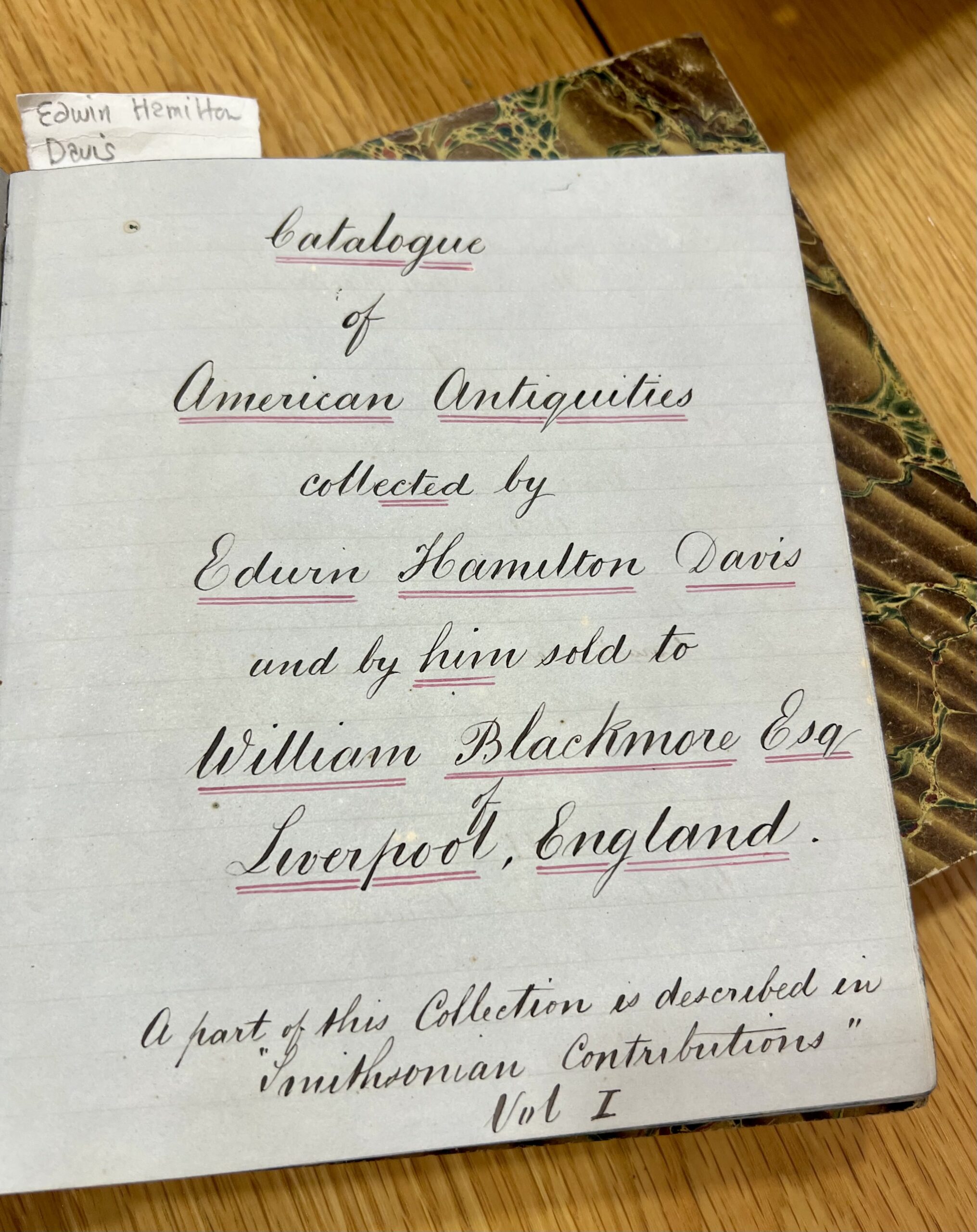 Edwin Davis' original notebooks with his hand-written inventory of the artifacts he sold to William Blackmore in 1864 for the Blackmore Museum in Salisbury, England.