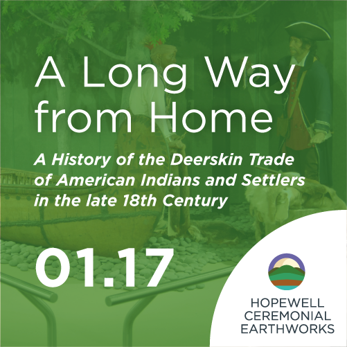 Image of a museum display depicting American Indian and settler trading with a green overlay. Text reads: 