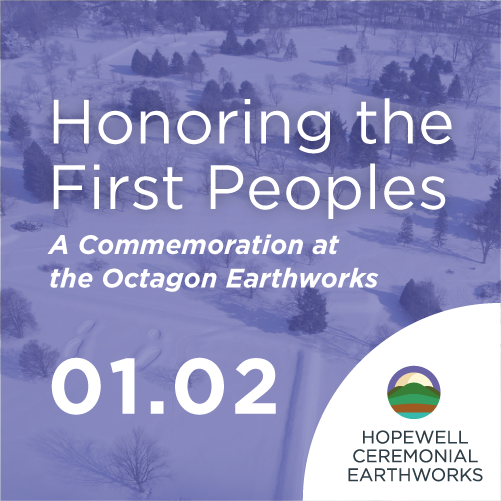 Image of the Octagon Earthworks in the snow with a purple overlay. Text reads: 