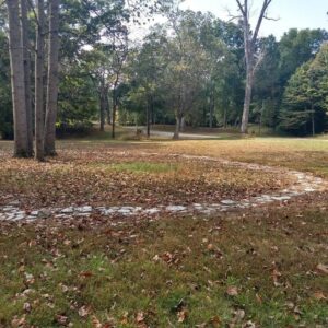 Fall at Fort Ancient Earthworks & Nature Preserve with a light dusting of snow around a tree.